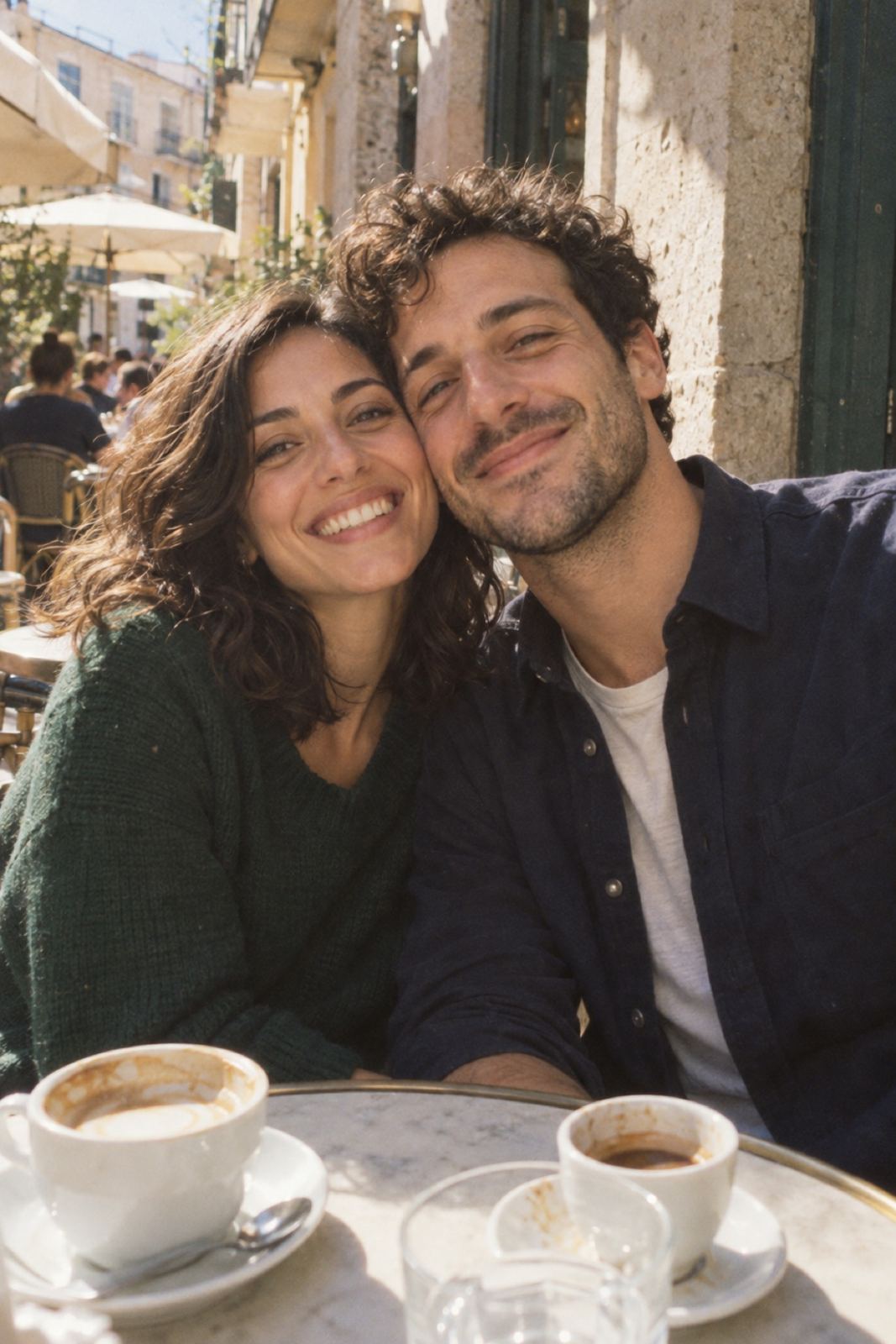 Josefina y Tomás sonriendo en un café al aire libre