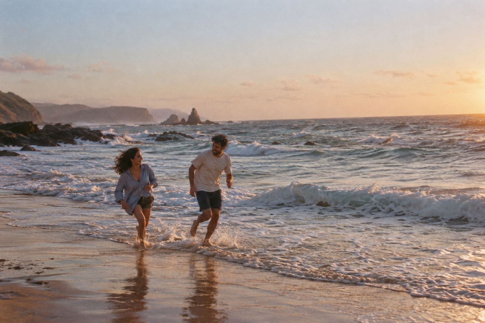Josefina y Tomás corriendo por la orilla del mar al atardecer